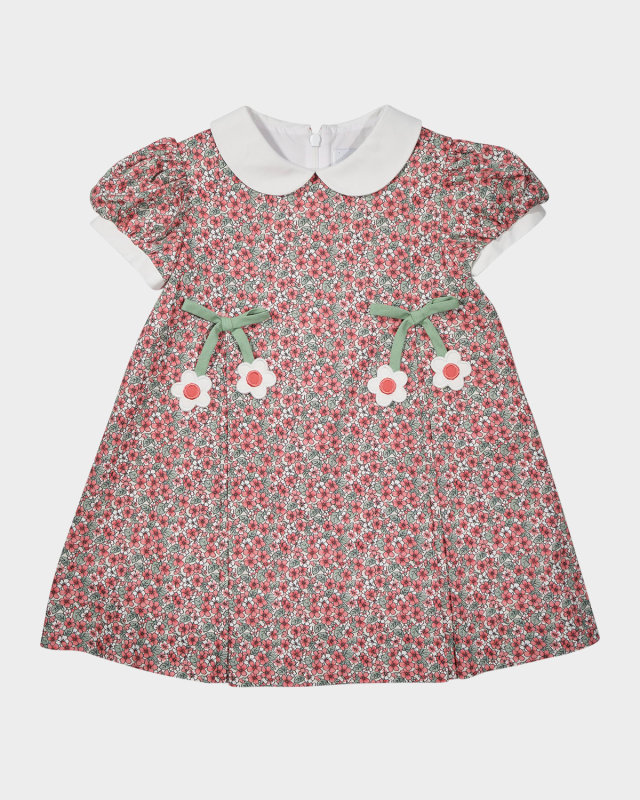 Girl's Floral Floral Applique Cotton Dress, Size 12M-18